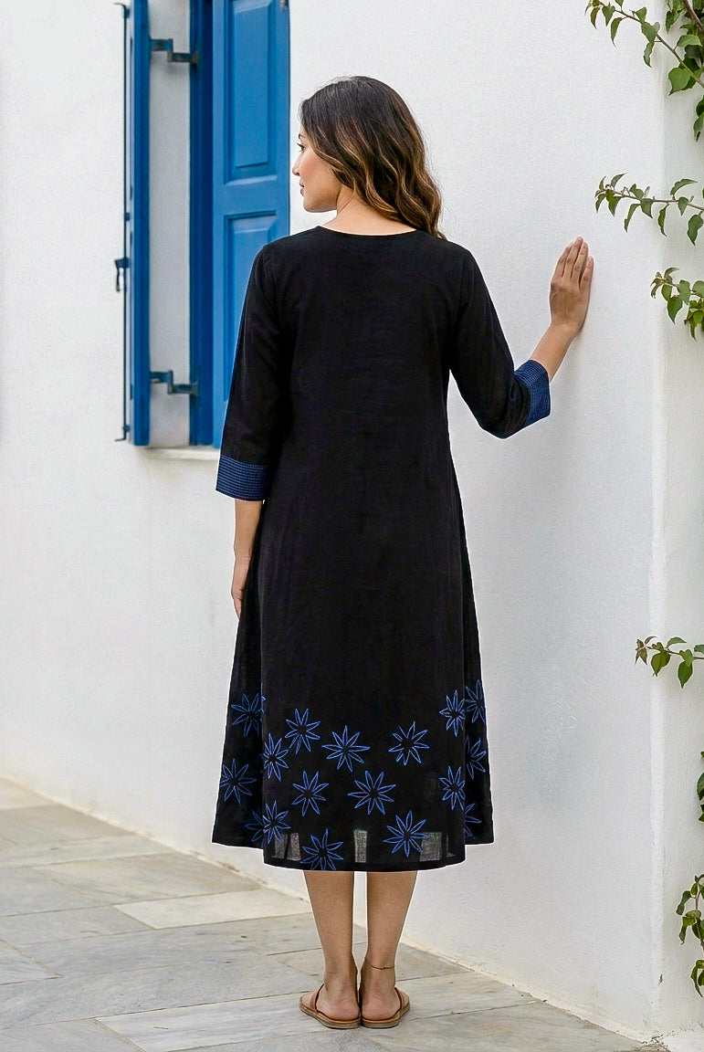 Black Handblock Cotton Round-Neck Flowy Dress — back view