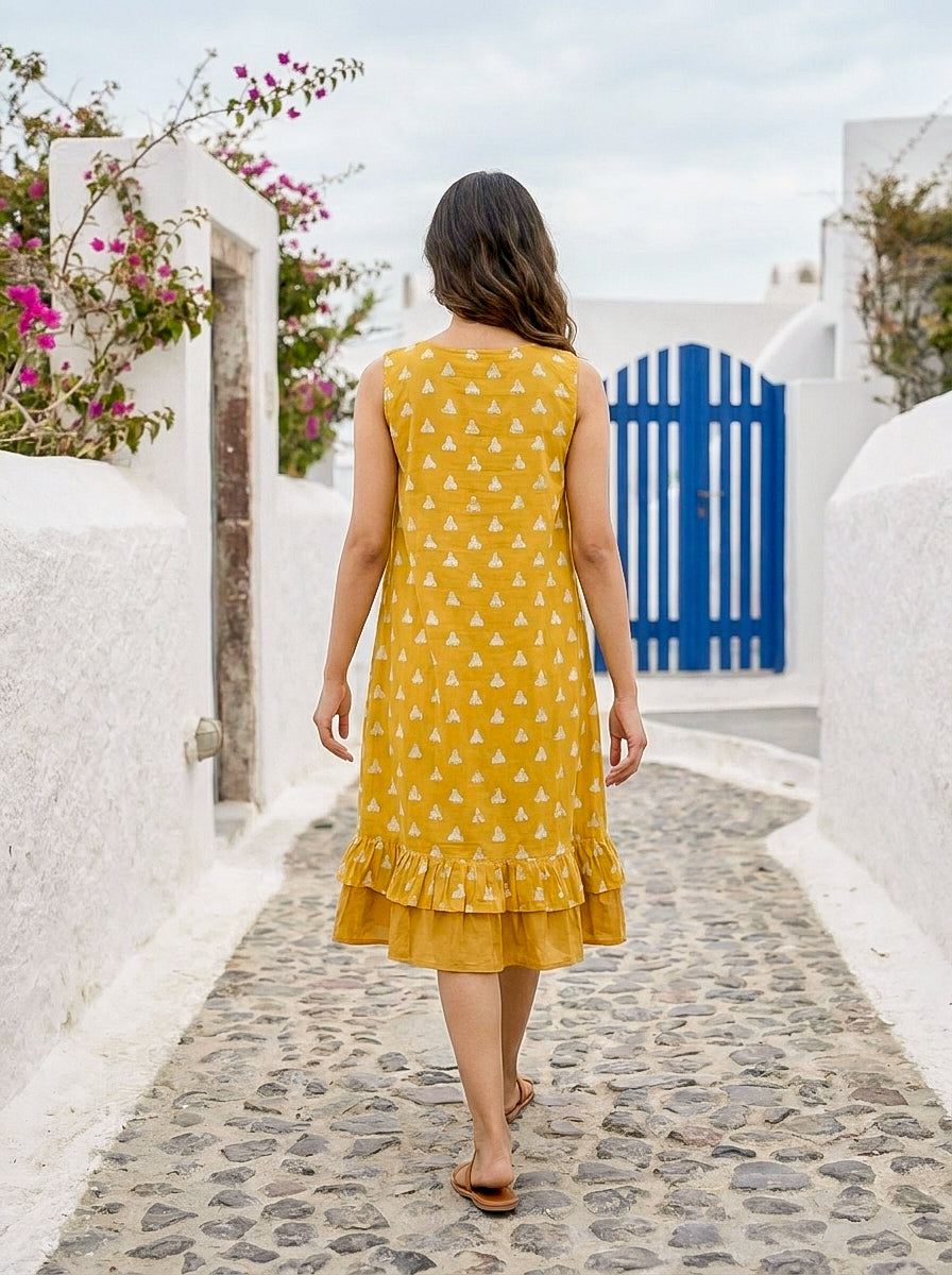 Yellow Handblock Sleeveless Cotton Dress with Frill Sweep — back view