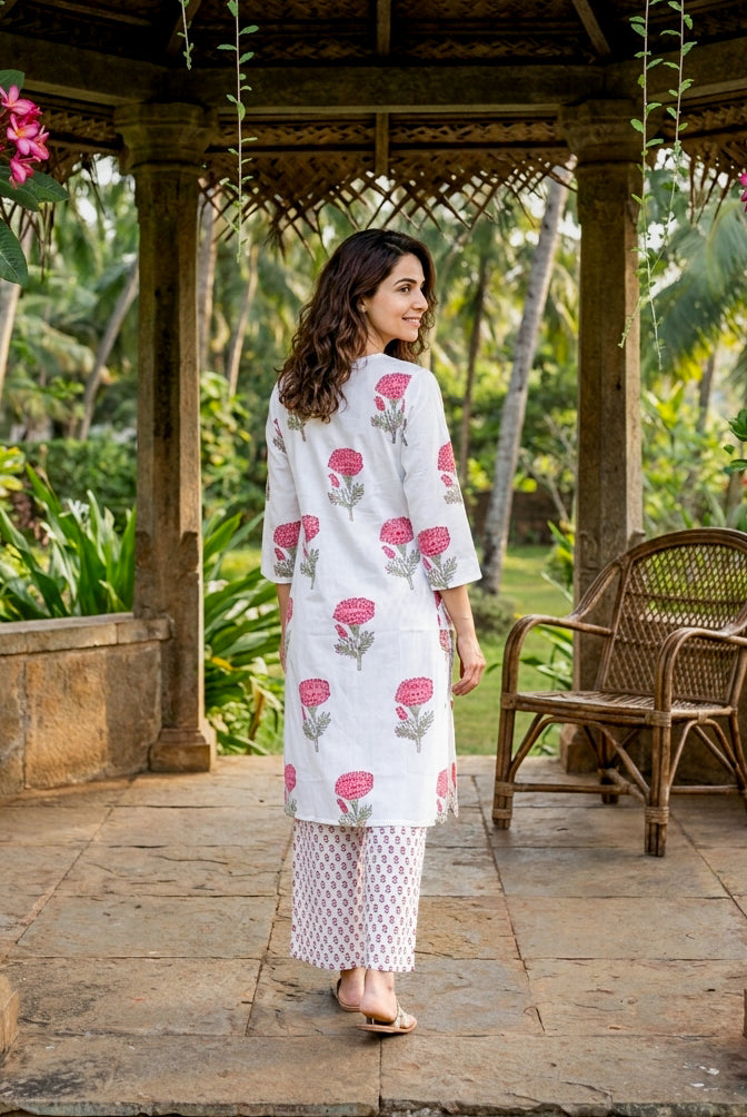 Ivory & Pink Rose Handblock Cotton Co-ord Set — back view