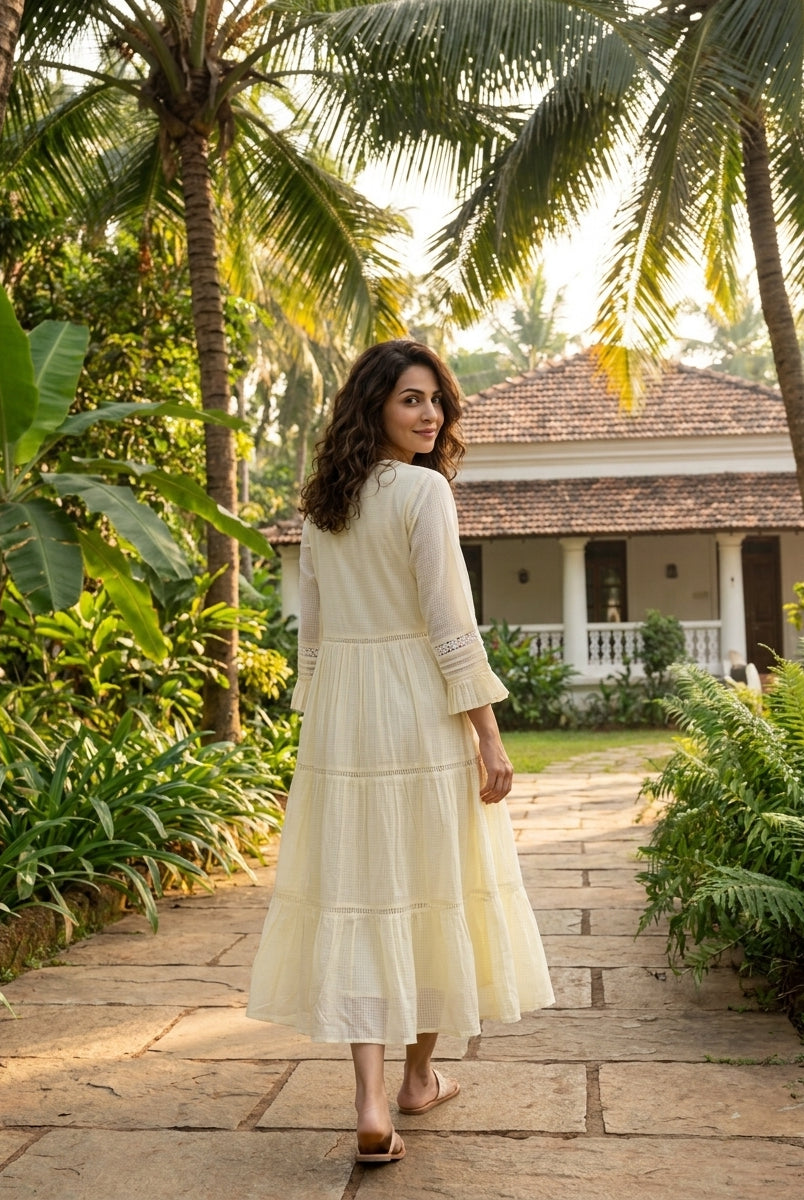 Ivory Kota Doria Tiered Cotton Dress with Lace Inserts — back view
