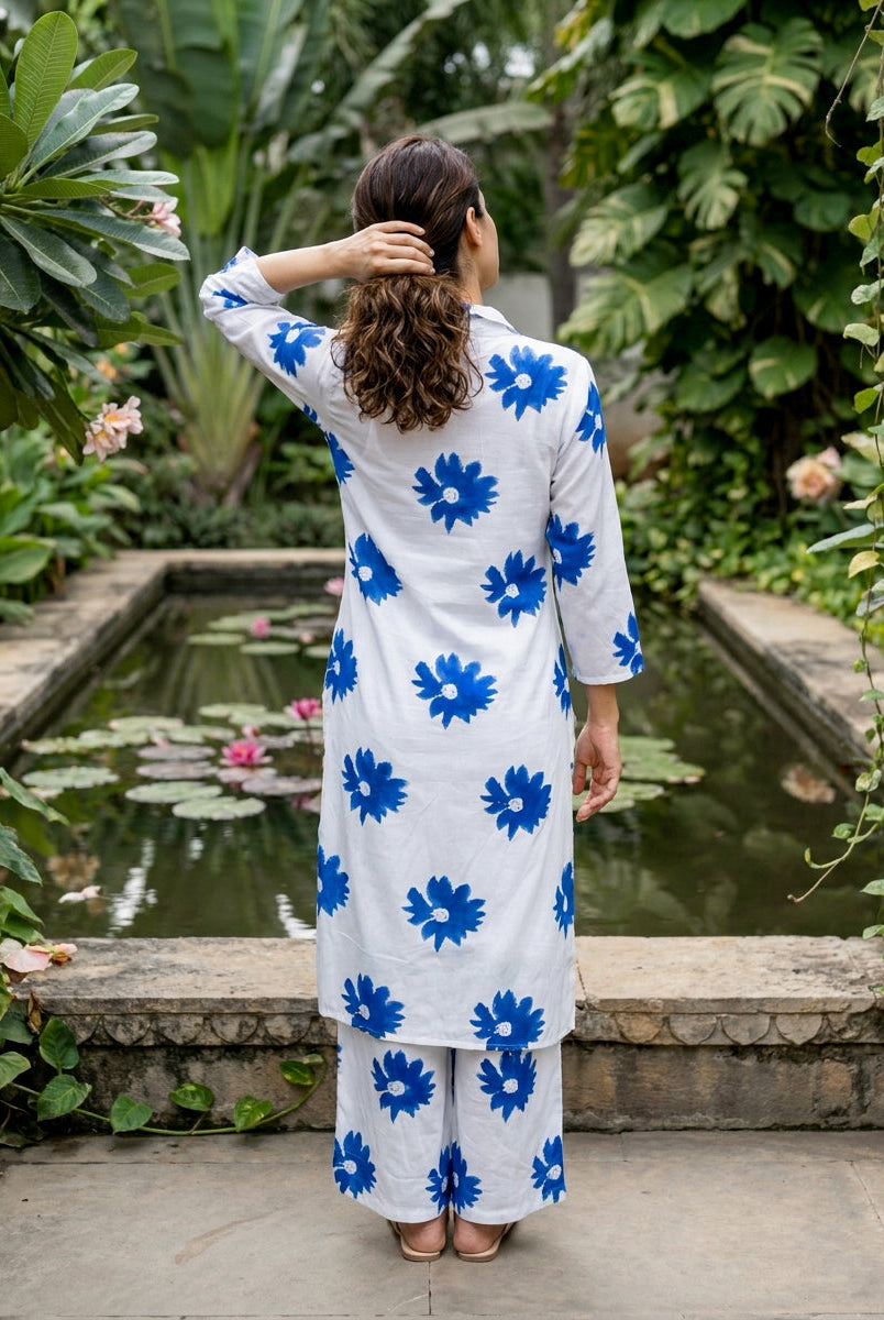 White & Cobalt Daisy Handblock Cotton Co-ord Set — back view