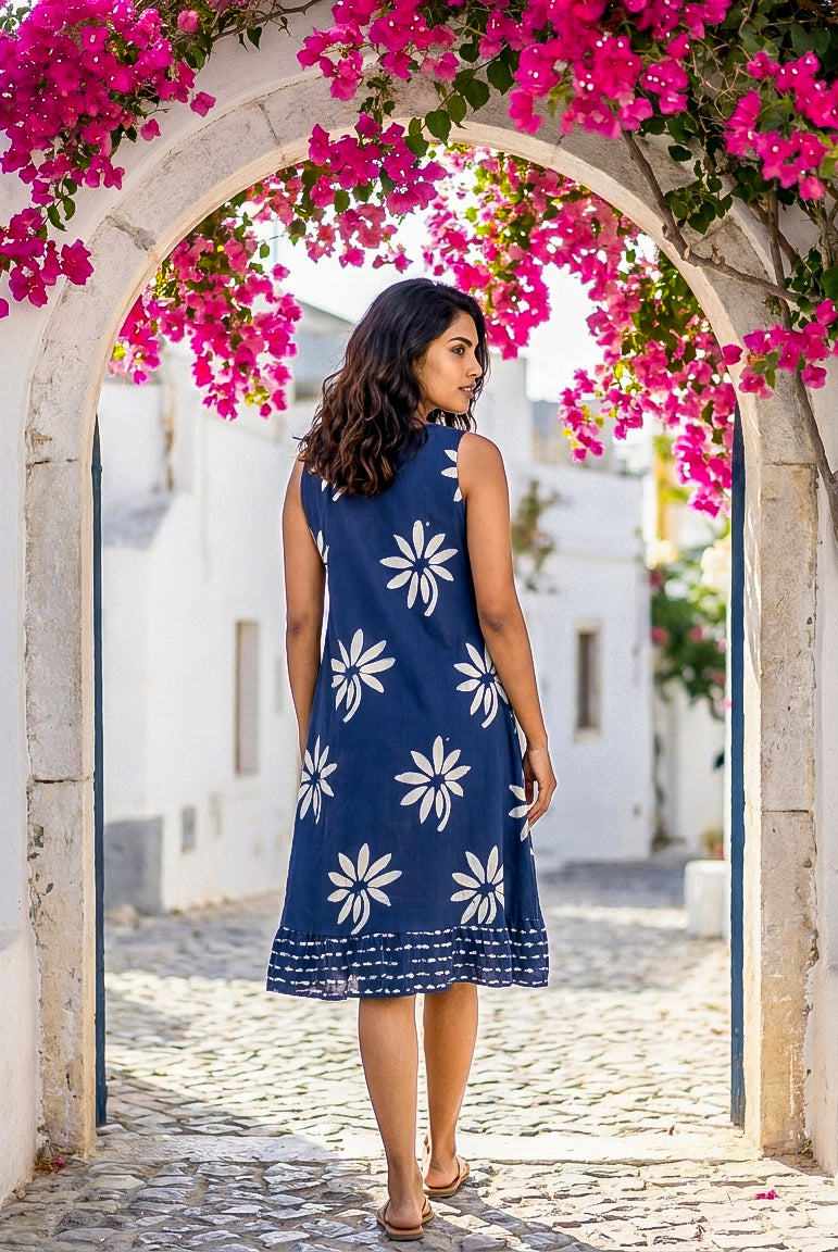 Indigo Handblock Sleeveless Cotton V-Neck Dress — back view