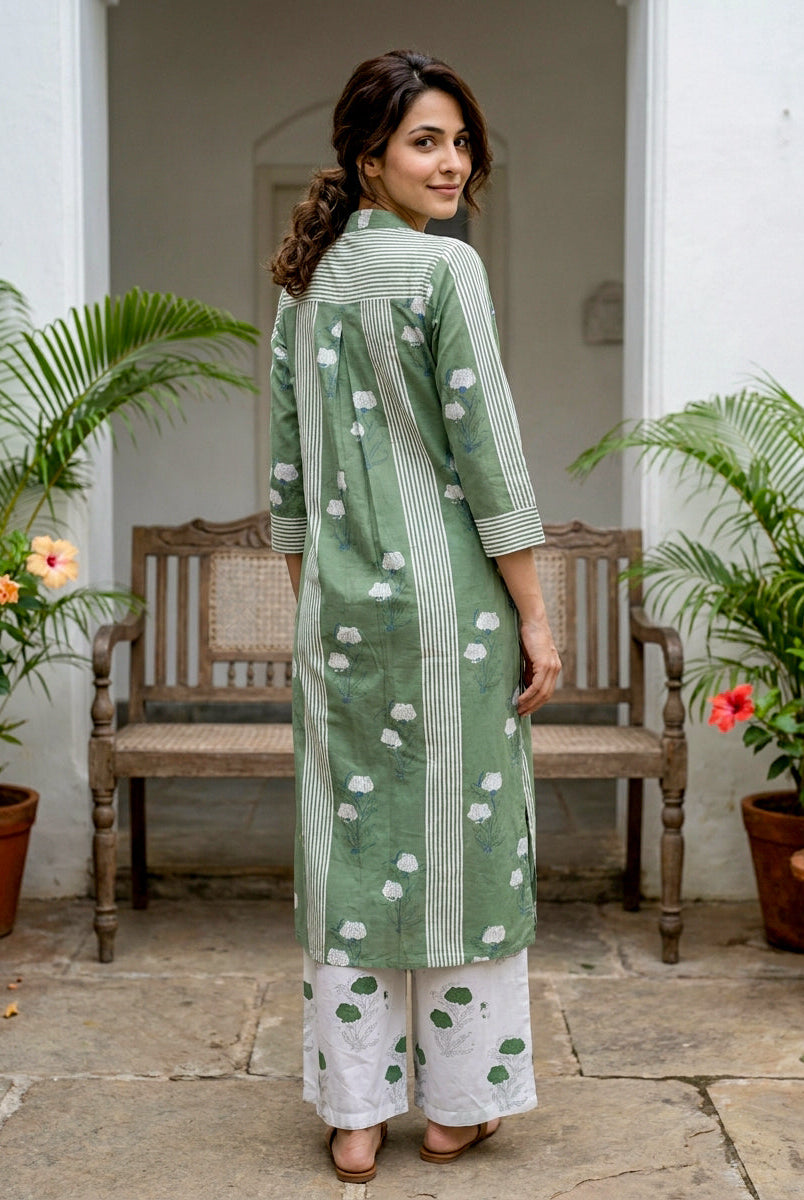 Sage Green Floral Handblock Cotton Co-ord Set with White Palazzo — back view