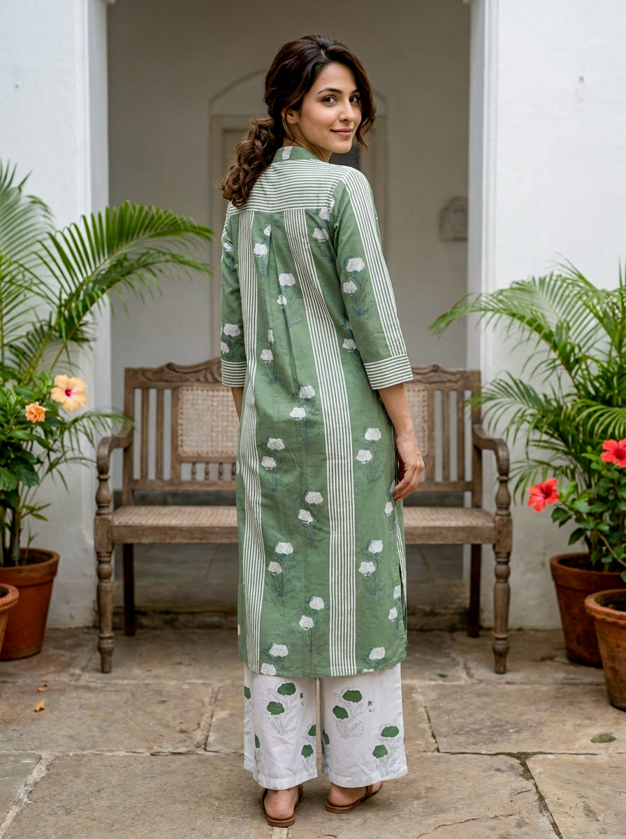 Sage Green Floral Handblock Cotton Co-ord Set with White Palazzo — back view