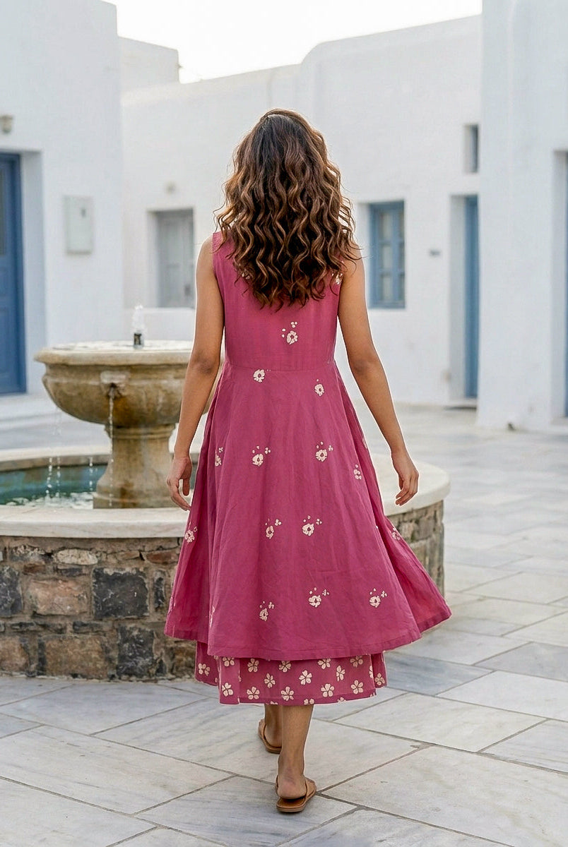 Pink Handblock Sleeveless Double-Layered Cotton V-Neck Dress — back view