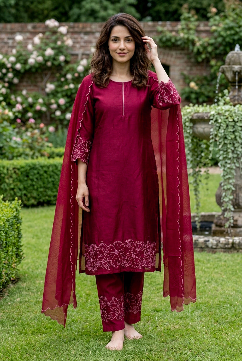 Wine Red Embroidered Chanderi Silk Suit Set with Pants & Dupatta — full set view