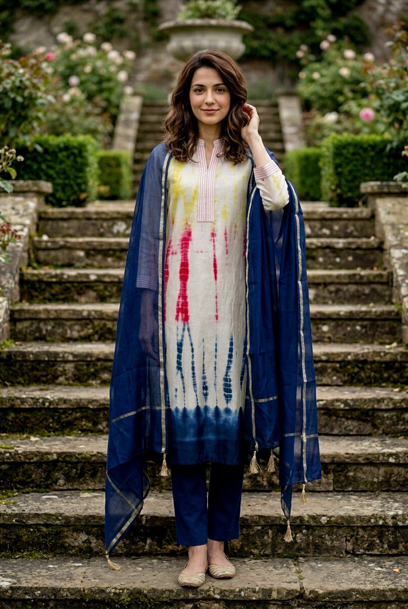 Ivory Tie-Dye Cotton Kurta with Blue Pants & Chanderi Dupatta — view 1