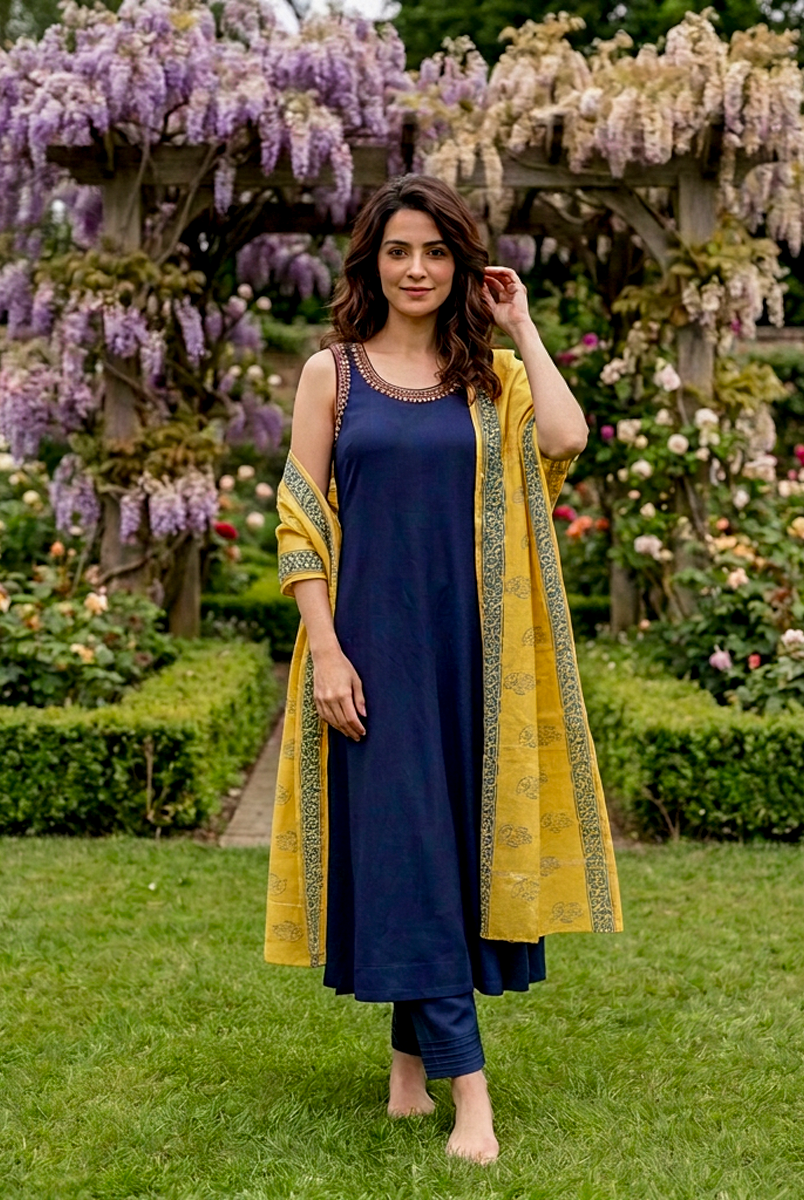 Indigo Modal Kurta with Pants & Mustard Chanderi Dupatta — view 1