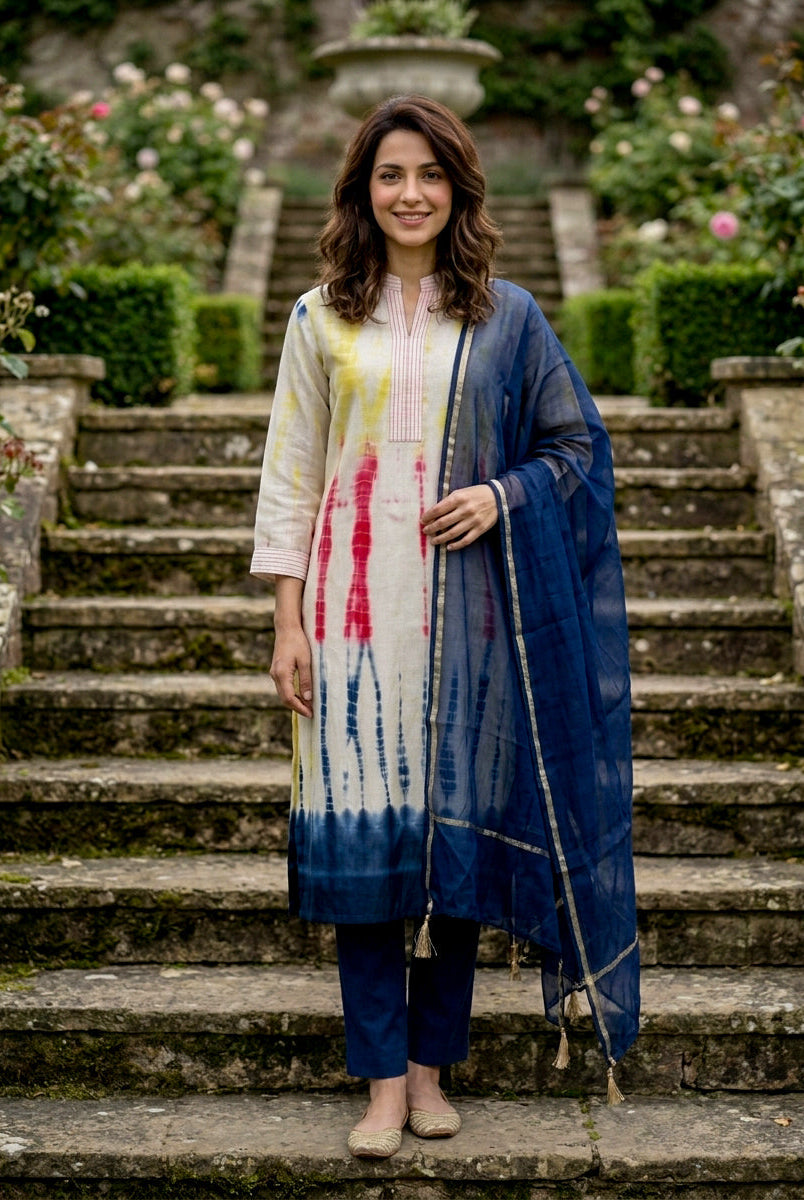 Ivory Tie-Dye Cotton Kurta with Blue Pants & Chanderi Dupatta — view 6