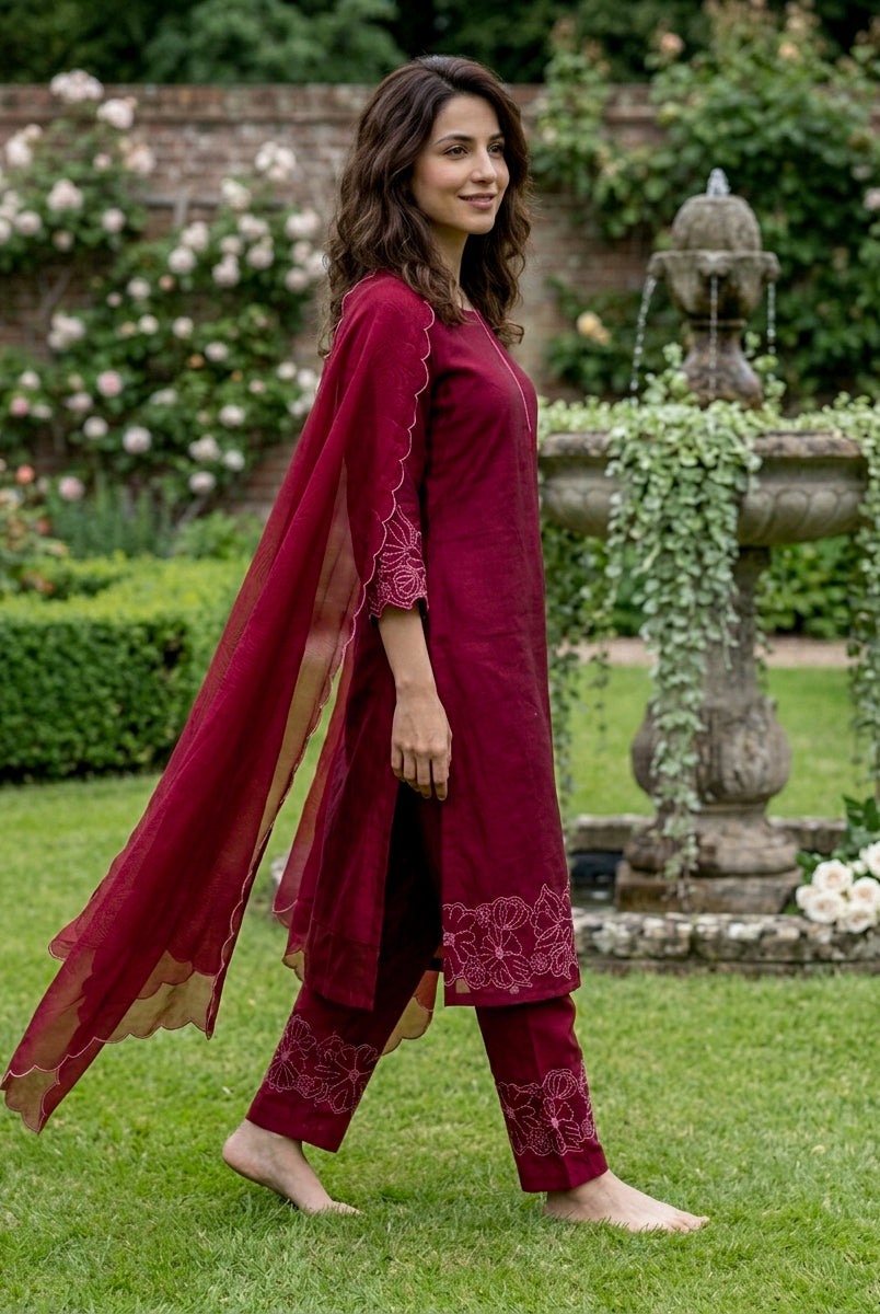 Wine Red Embroidered Chanderi Silk Suit Set with Pants & Dupatta — dupatta side view
