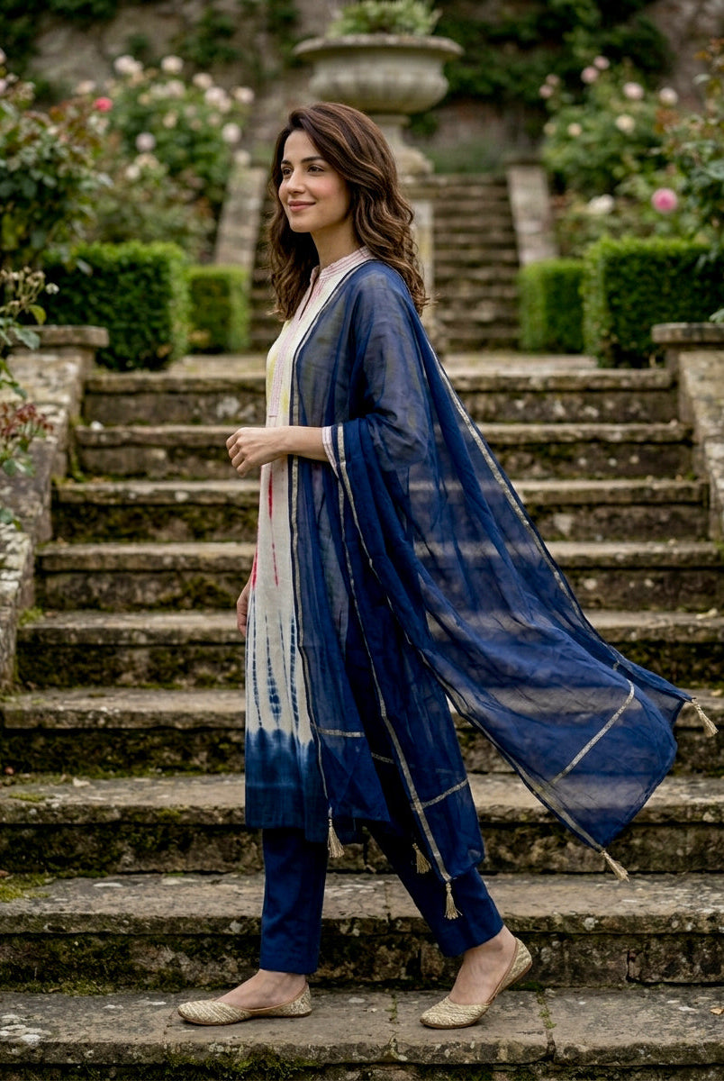 Ivory Tie-Dye Cotton Kurta with Blue Pants & Chanderi Dupatta — view 4