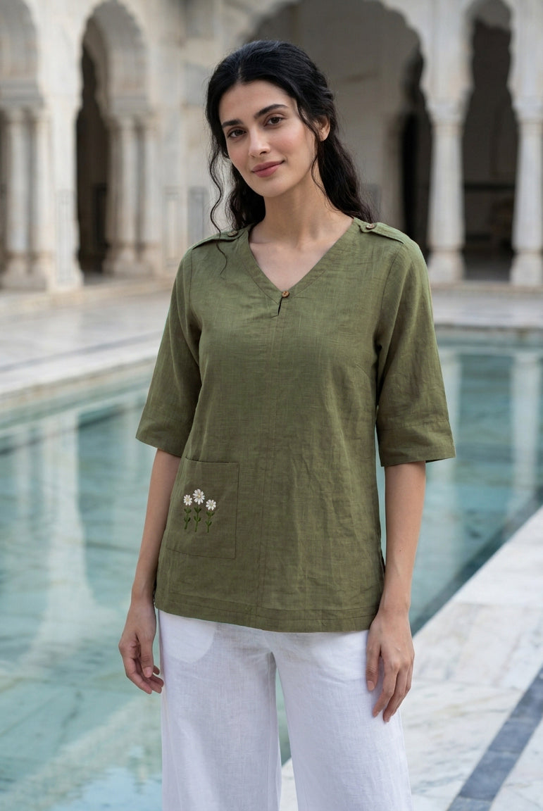Olive Hand-Embroidered Cotton Slub V-Neck Top — front view