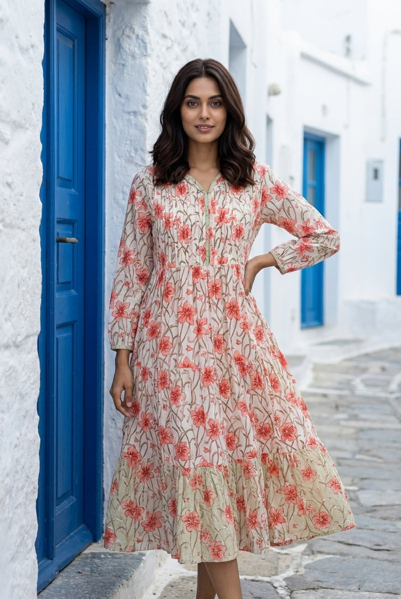 White & Peach Floral Handblock Tiered Cotton Dress — front view
