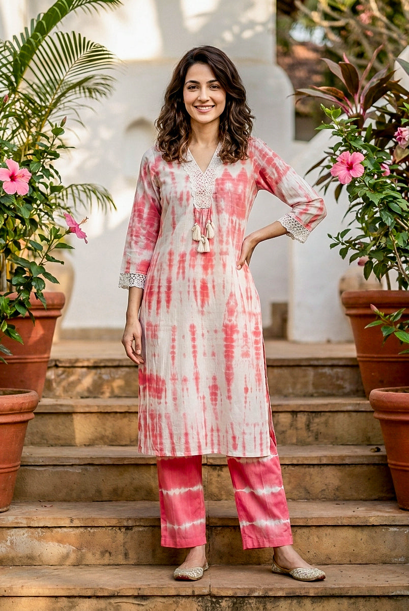 Coral Tie-Dye Cotton Co-ord Set with Lace Trim — front view