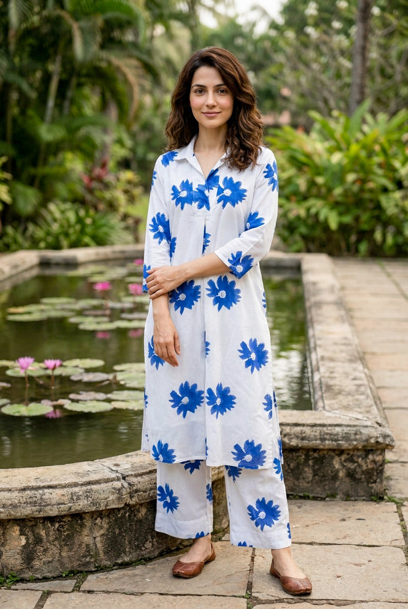 White & Cobalt Daisy Handblock Cotton Co-ord Set — front view