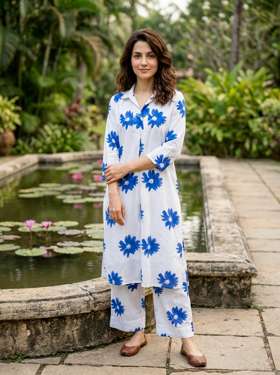 White & Cobalt Daisy Handblock Cotton Co-ord Set — front view
