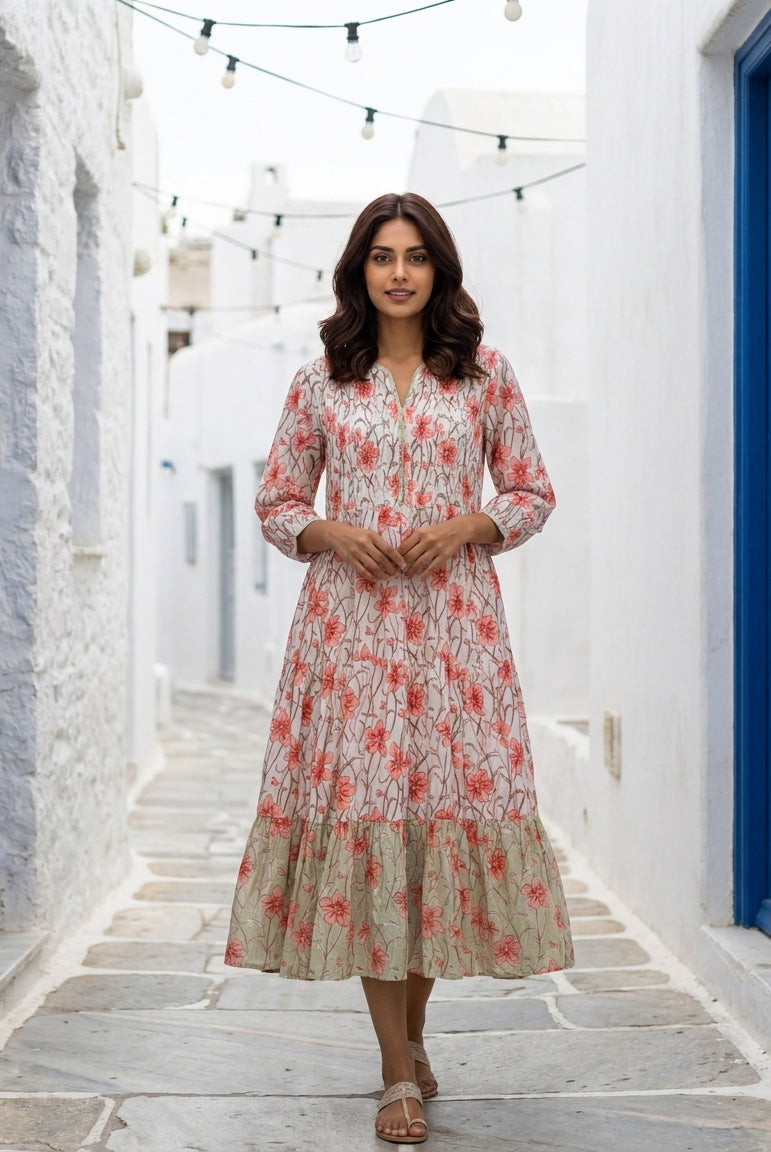 White & Peach Floral Handblock Tiered Cotton Dress — front view