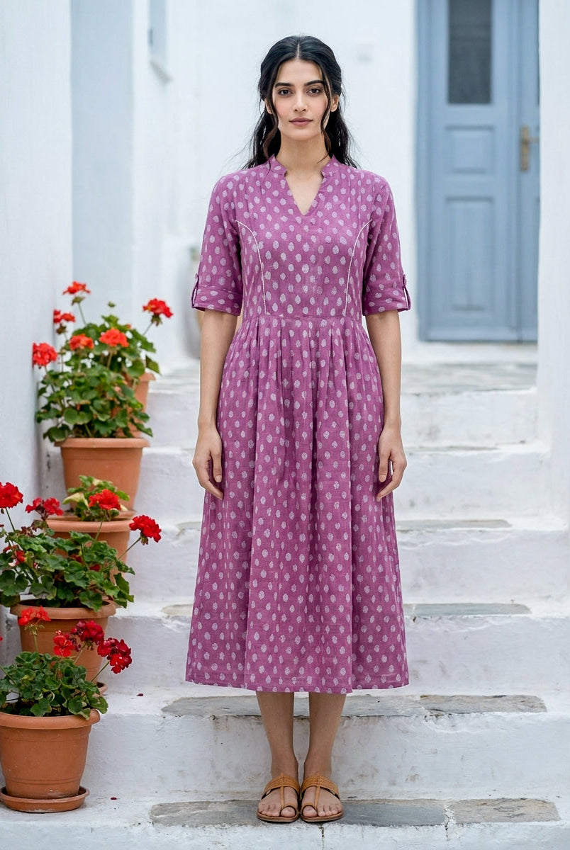 Purple Handblock Cotton Mandarin-Collar Dress with Elastic Back — front view