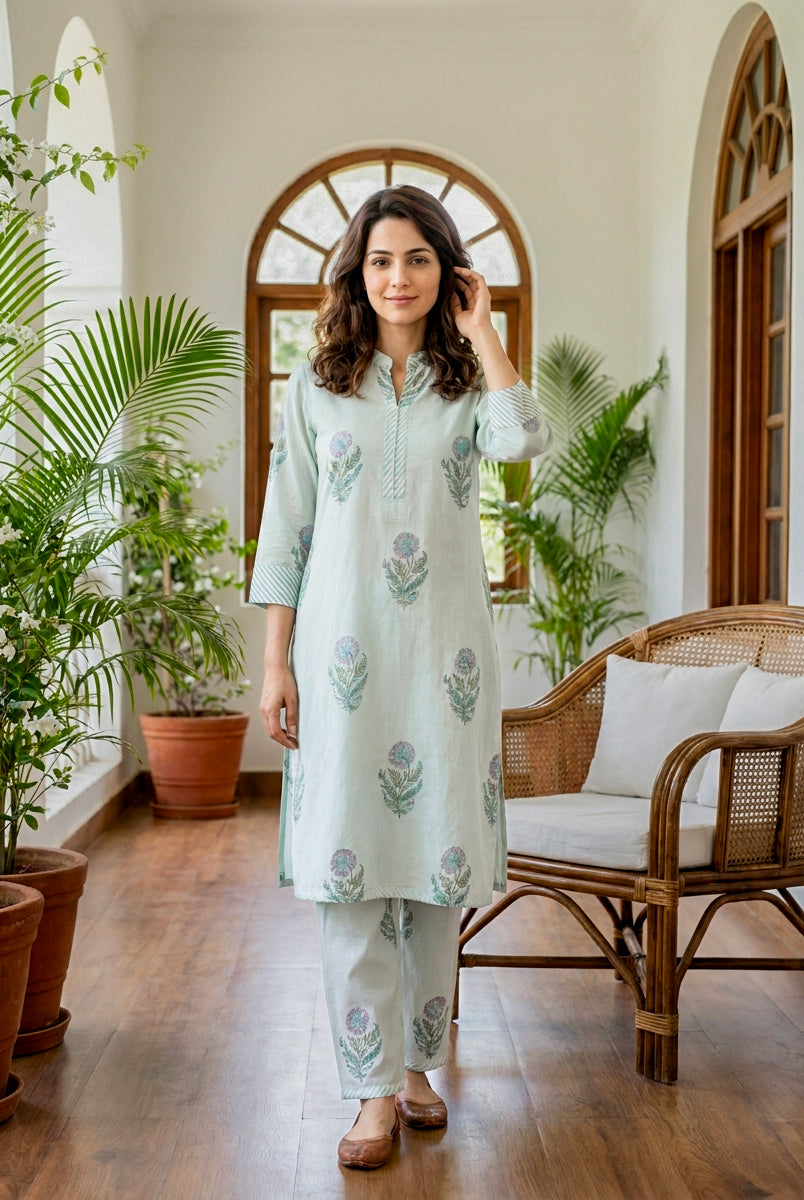 Mint Green Botanical Handblock Cotton Co-ord Set — front view