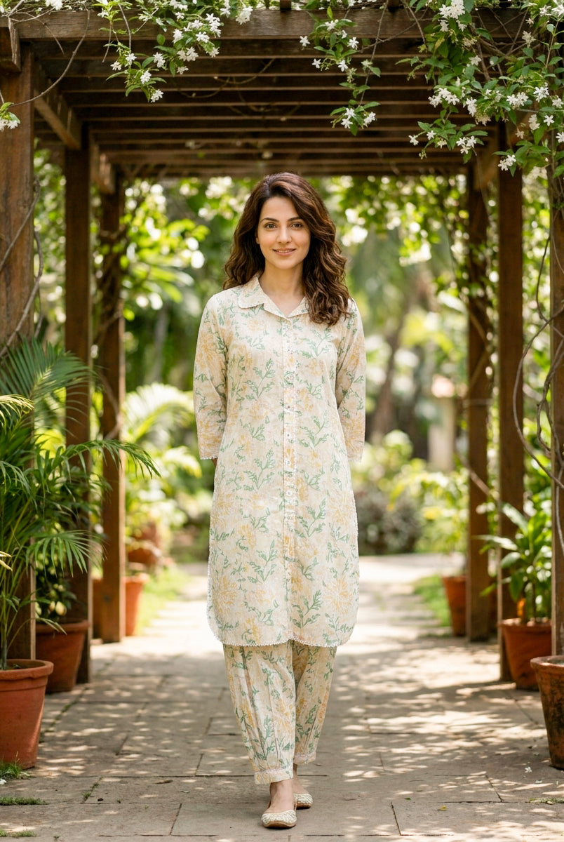 Ivory Botanical Handblock Cotton Co-ord Set — front view
