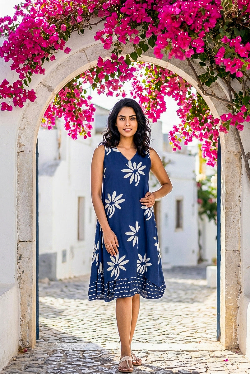 Indigo Handblock Sleeveless Cotton V-Neck Dress — front view