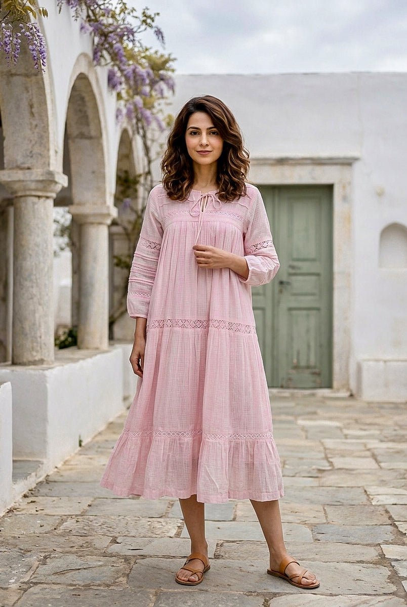 Pink Kota Doriya Round-Neck Dress with Lacey Sleeves — front view