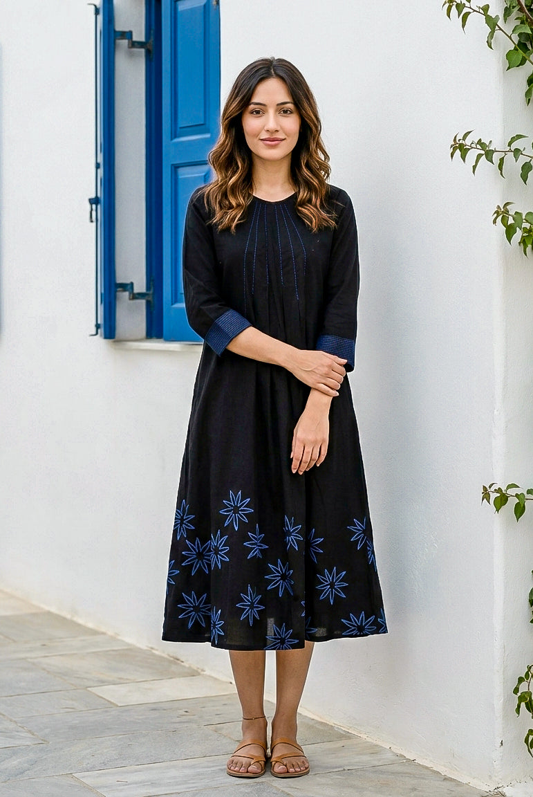 Black Handblock Cotton Round-Neck Flowy Dress — front view