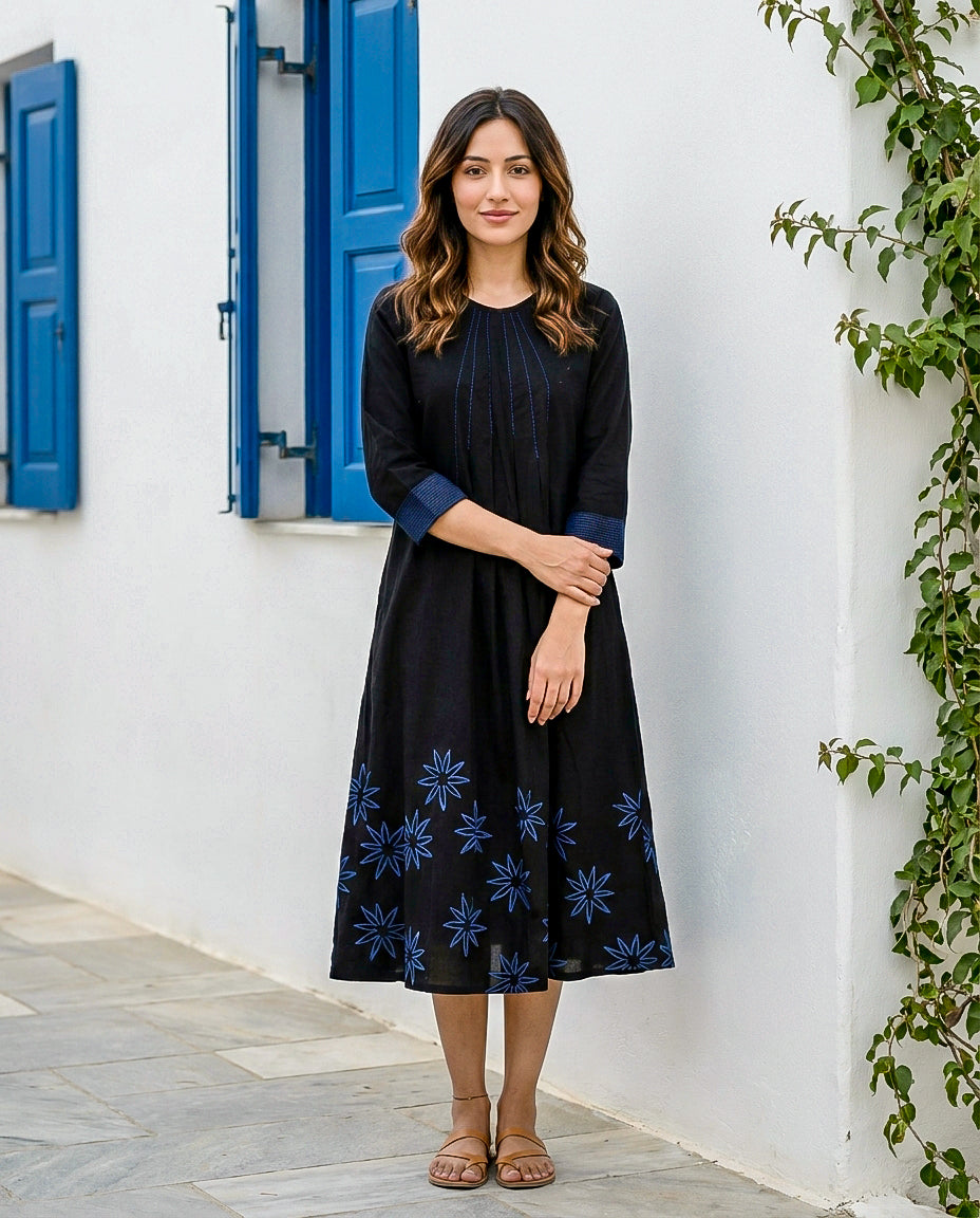 Black Handblock Cotton Round-Neck Flowy Dress — front view