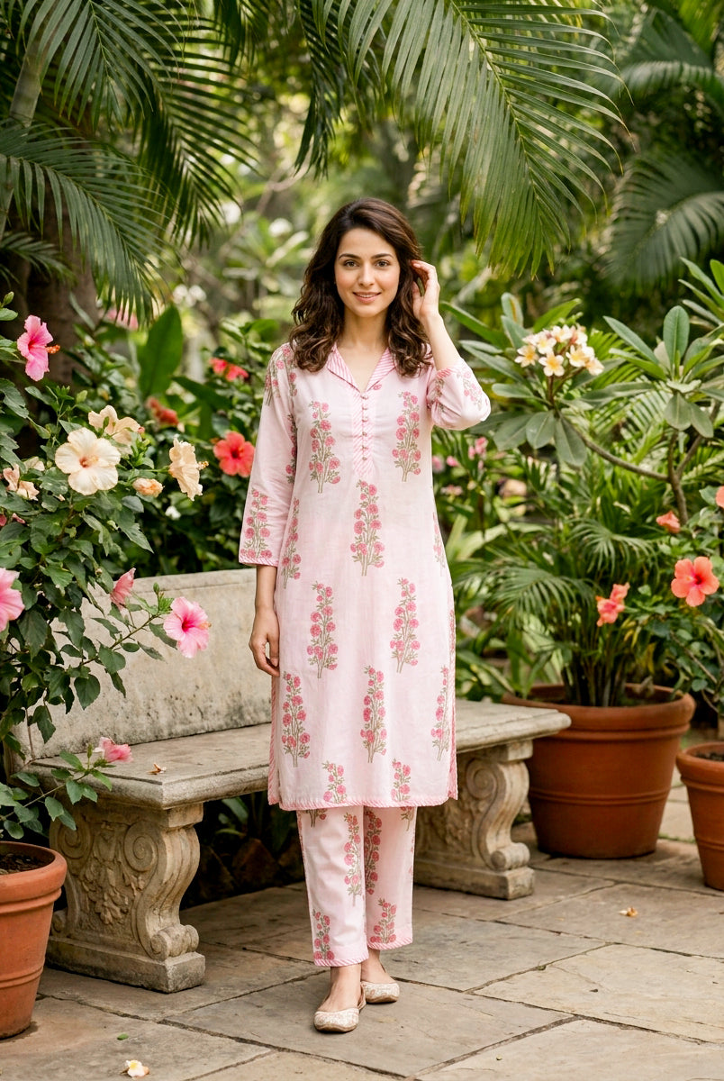 Baby Pink Floral Handblock Cotton Co-ord Set — front view