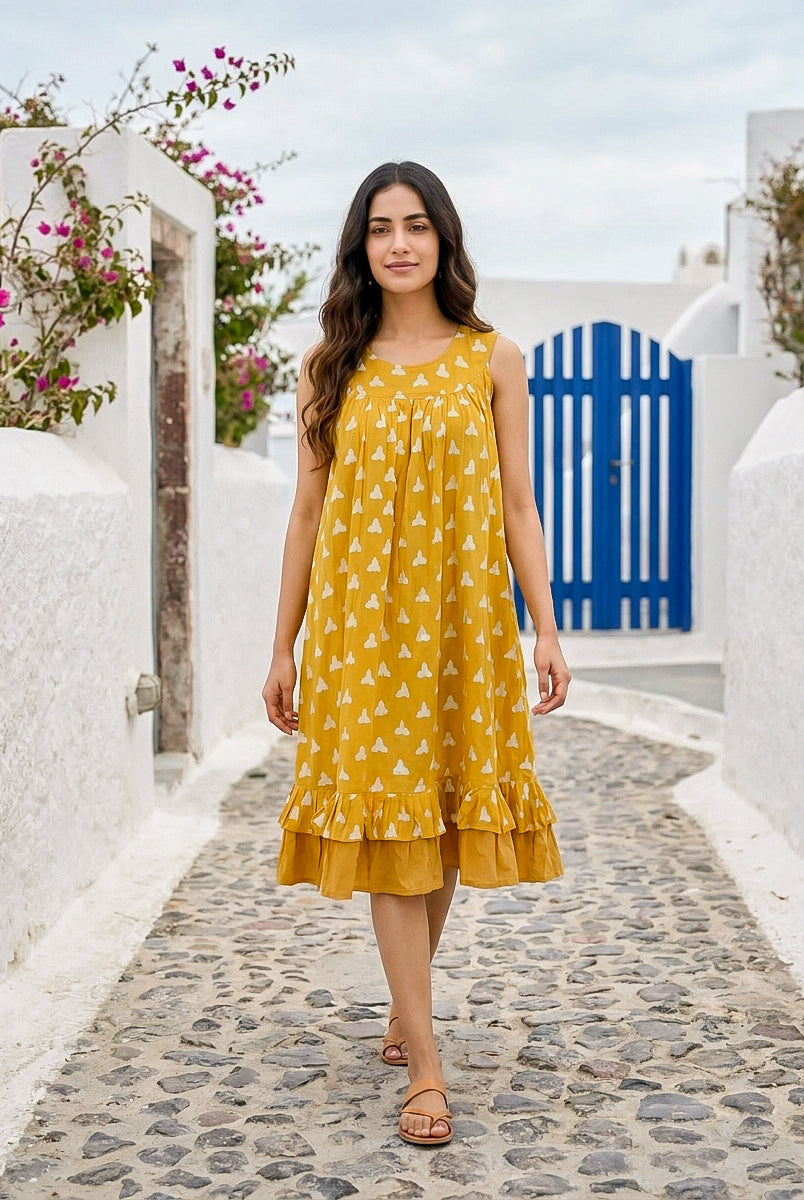 Yellow Handblock Sleeveless Cotton Dress with Frill Sweep — front view