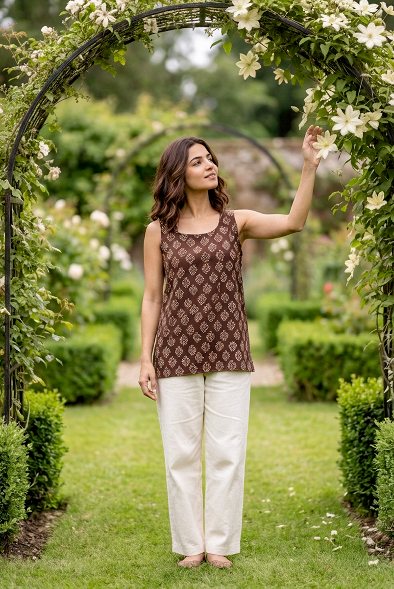 Brown Handblock Cotton Sleeveless Top — view 1