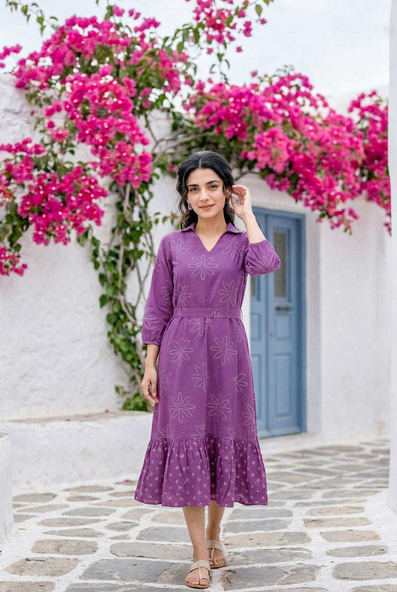 Lilac Bandhej Handblock Cotton Collared Tiered Dress — front view