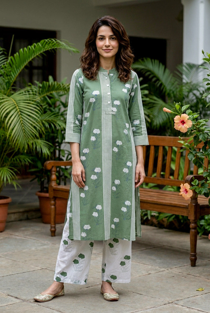 Sage Green Floral Handblock Cotton Co-ord Set with White Palazzo — front view