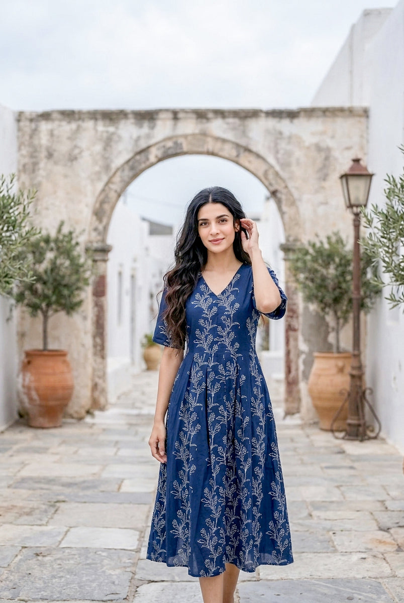 Indigo Botanical Handblock Cotton Fit-and-Flare Dress — front view