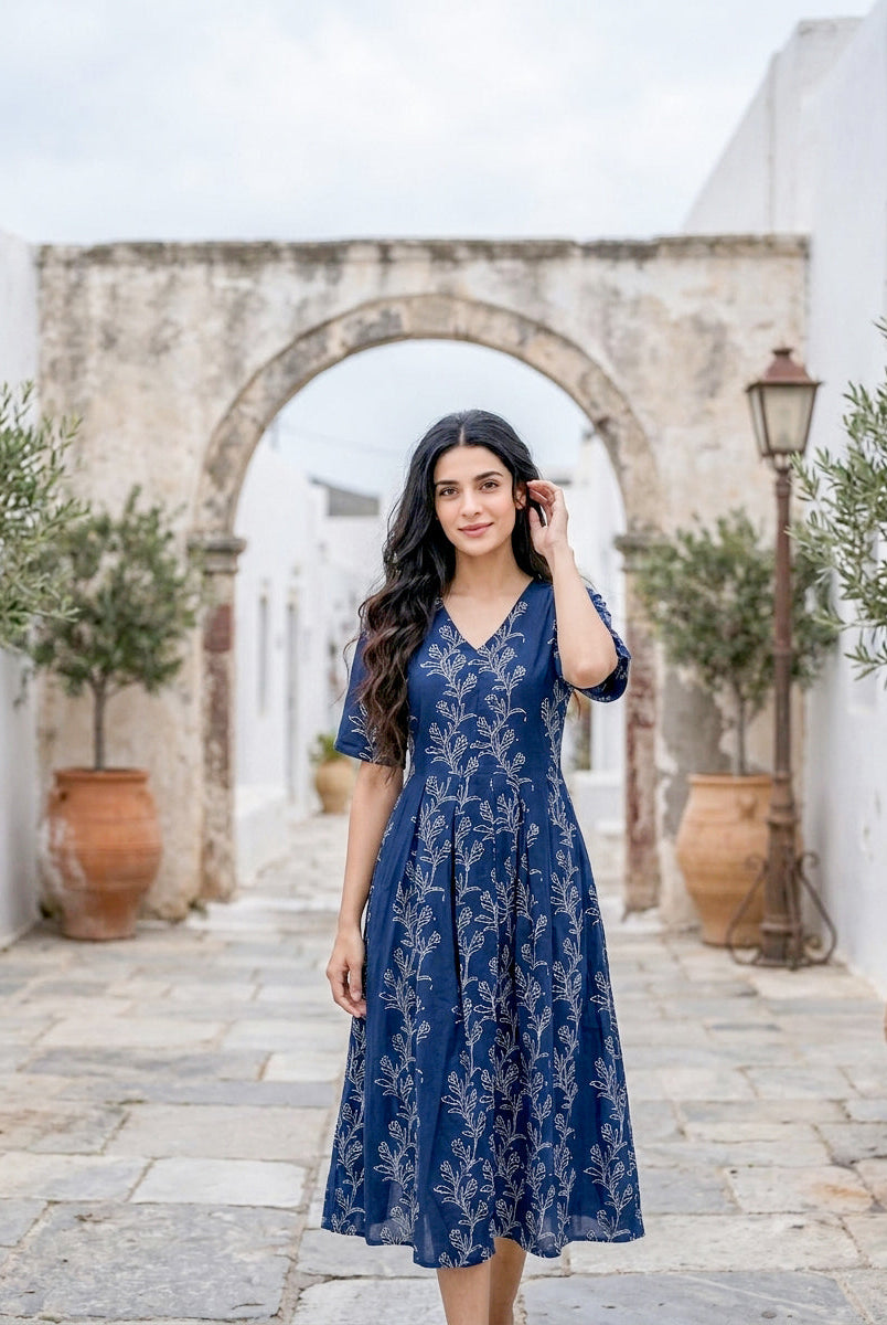 Front view of model wearing indigo botanical handblock print fit-and-flare dress.