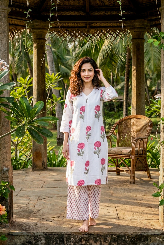 Ivory & Pink Rose Handblock Cotton Co-ord Set — front view
