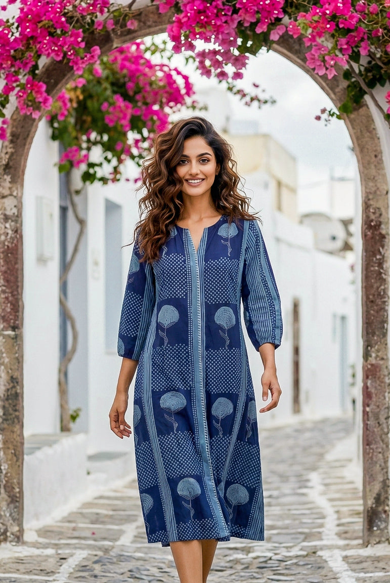 Indigo Handblock Cotton Dress with Round Collar — front view