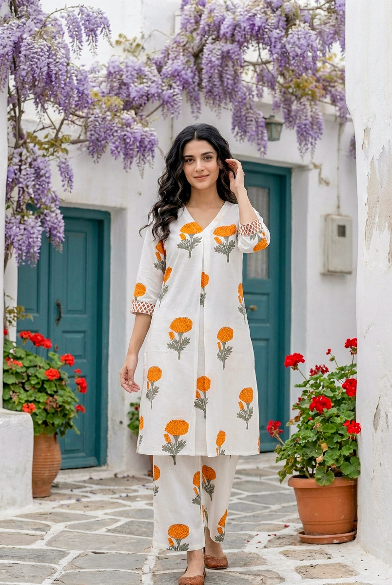 Ivory & Orange Marigold Handblock Cotton Co-ord Set — front view