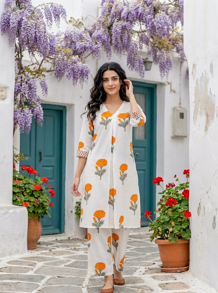 Ivory & Orange Marigold Handblock Cotton Co-ord Set — front view
