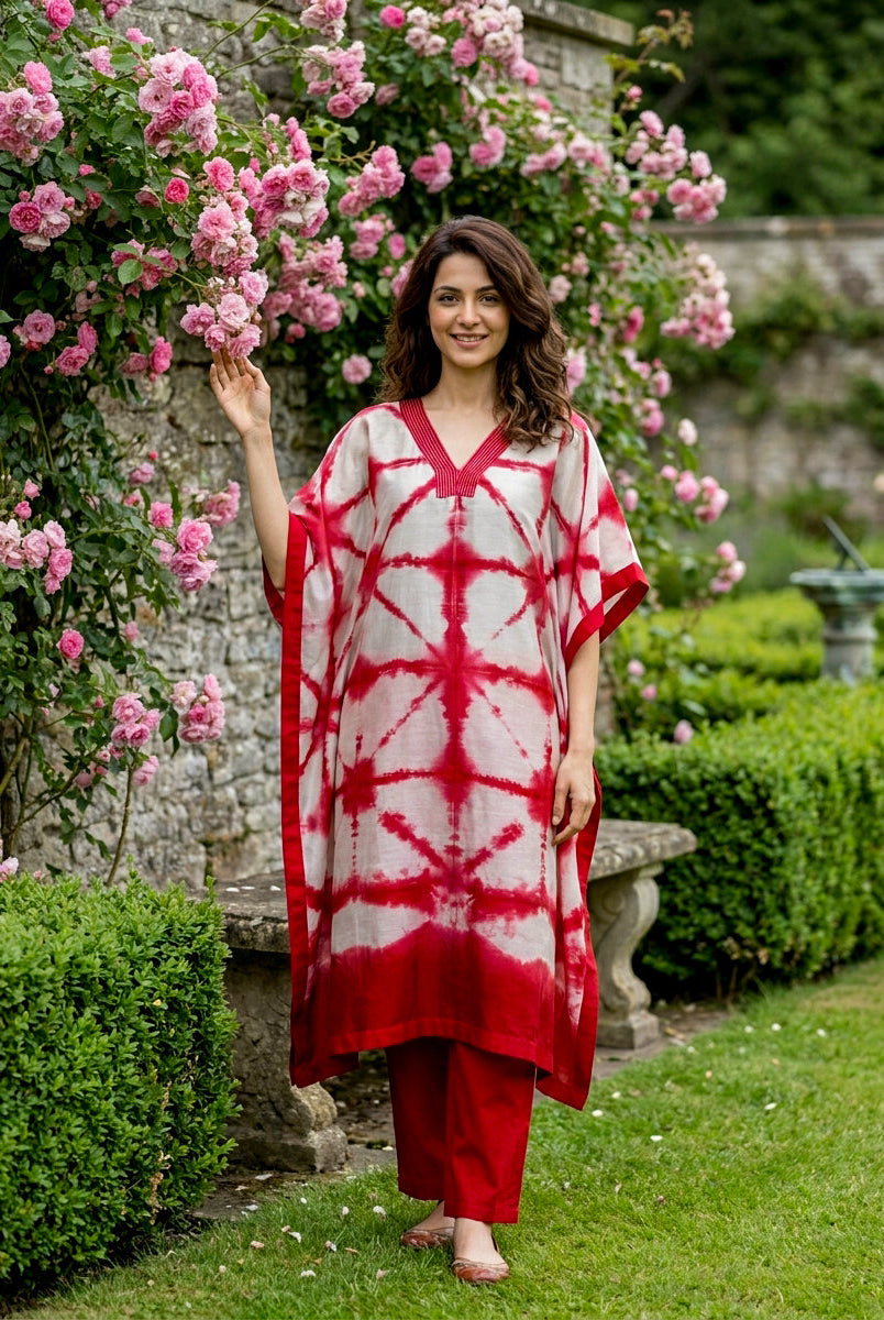 Coral Red Tie-Dye Cotton Kaftan with Pants — view 1