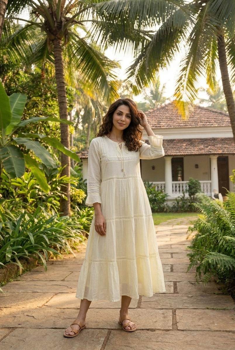 Ivory Kota Doria Tiered Cotton Dress with Lace Inserts — front view