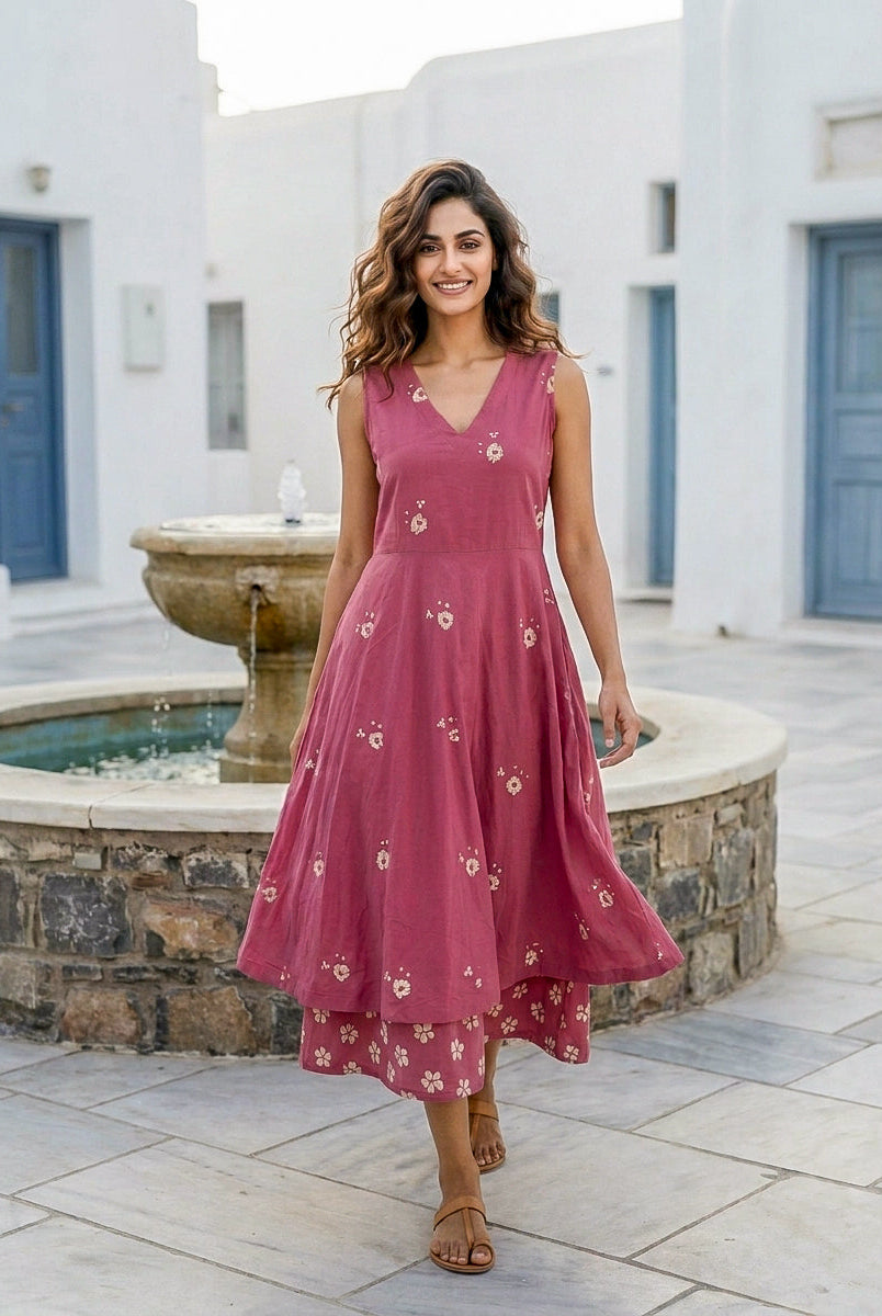 Pink Handblock Sleeveless Double-Layered Cotton V-Neck Dress — front view