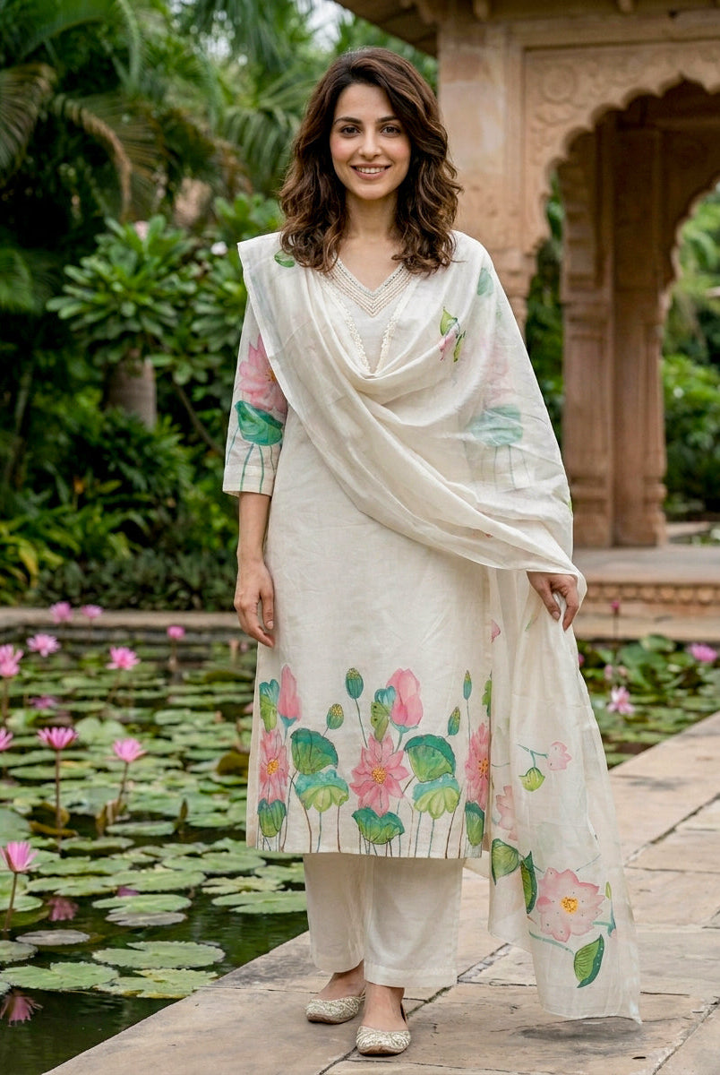 Ivory Hand-Painted Lotus Cotton Kurta with Pants & Chanderi Dupatta — view 1