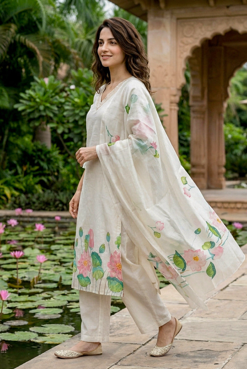 Ivory Hand-Painted Lotus Cotton Kurta with Pants & Chanderi Dupatta — view 3