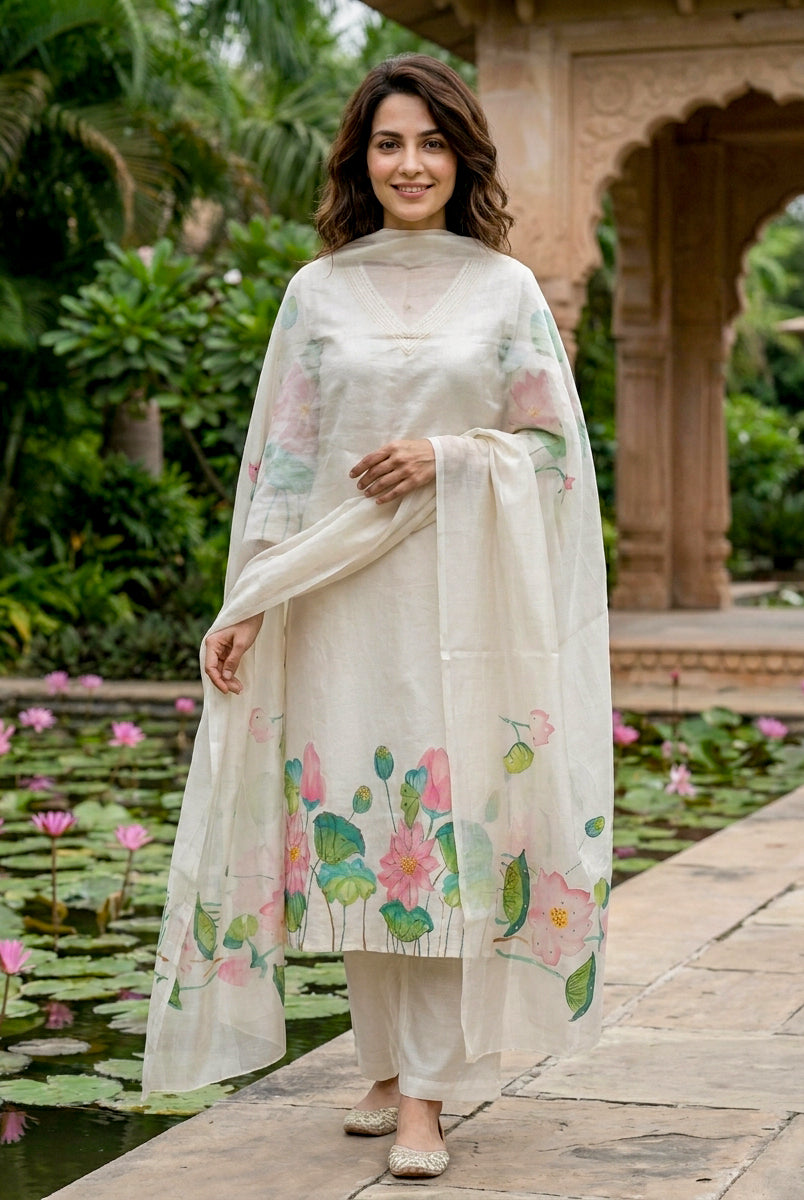 Ivory Hand-Painted Lotus Cotton Kurta with Pants & Chanderi Dupatta — view 6