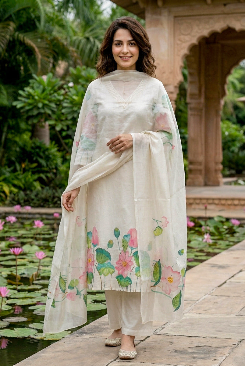Ivory Hand-Painted Lotus Cotton Kurta with Pants & Chanderi Dupatta — view 6