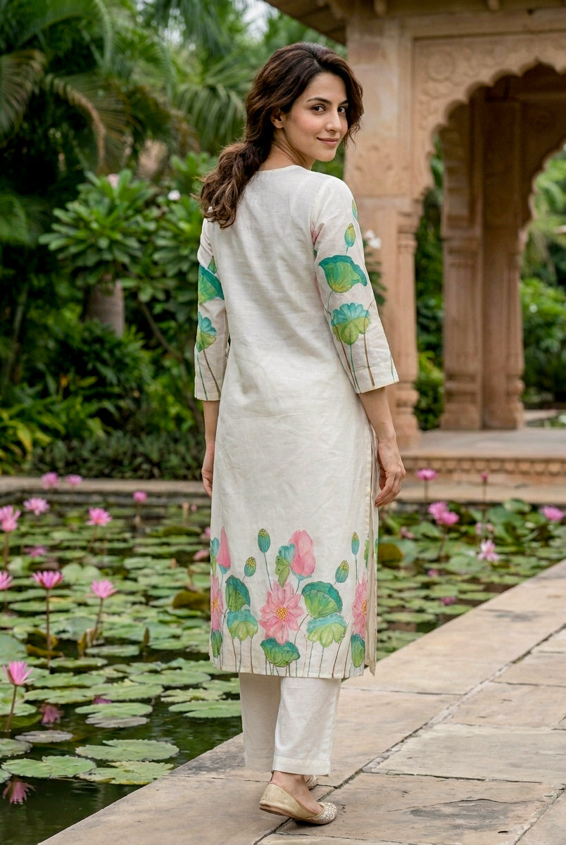 Ivory Hand-Painted Lotus Cotton Kurta with Pants & Chanderi Dupatta — view 5