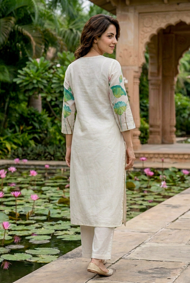 Ivory Hand-Painted Lotus Chanderi Silk Kurta with Pants & Chanderi Dupatta — back view