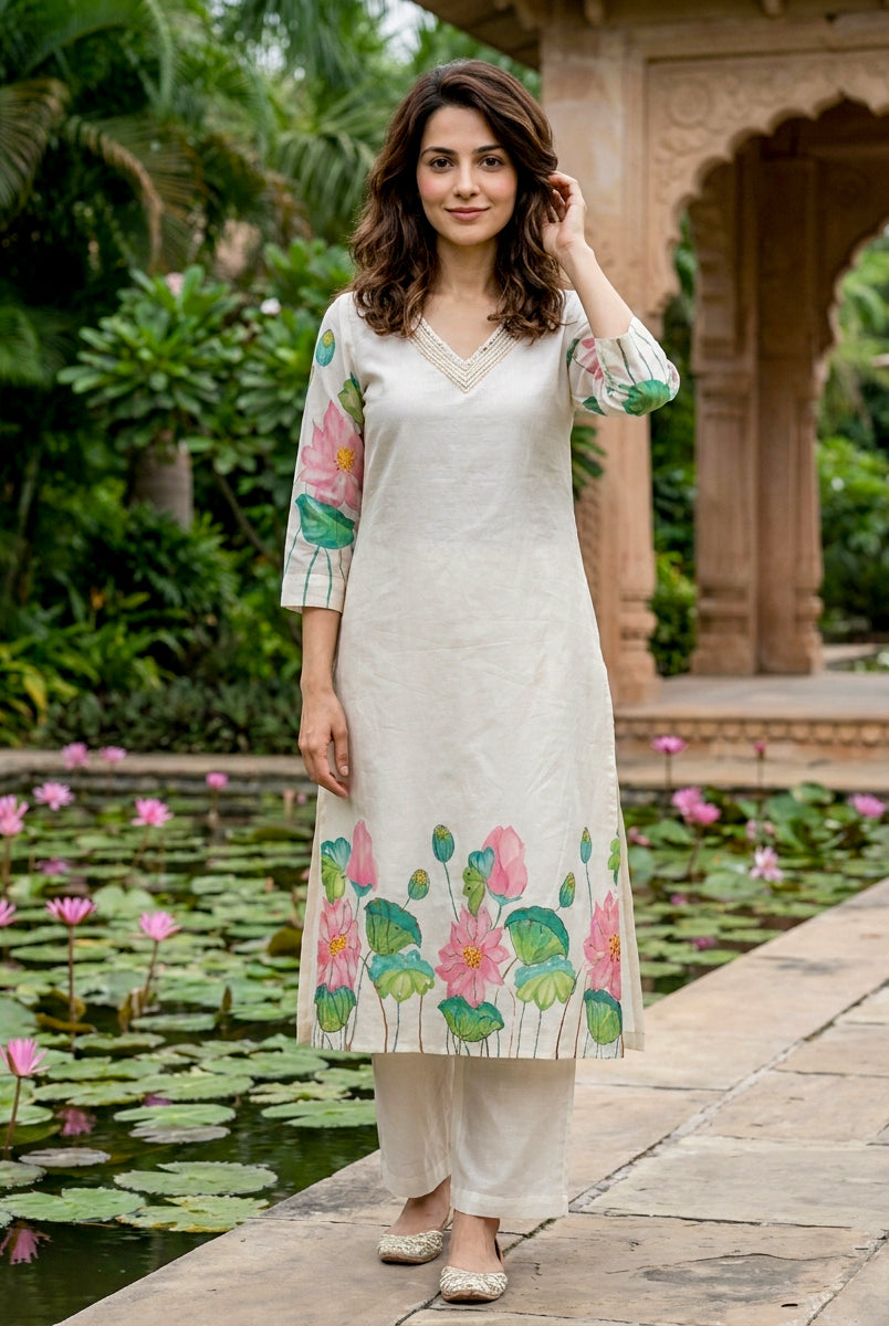 Ivory Hand-Painted Lotus Cotton Kurta with Pants & Chanderi Dupatta — view 2