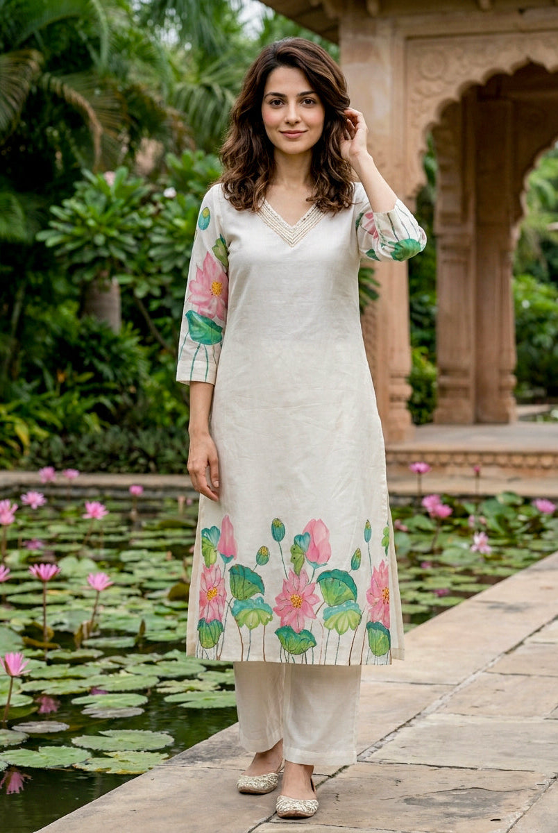 Ivory Hand-Painted Lotus Cotton Kurta with Pants & Chanderi Dupatta — view 2